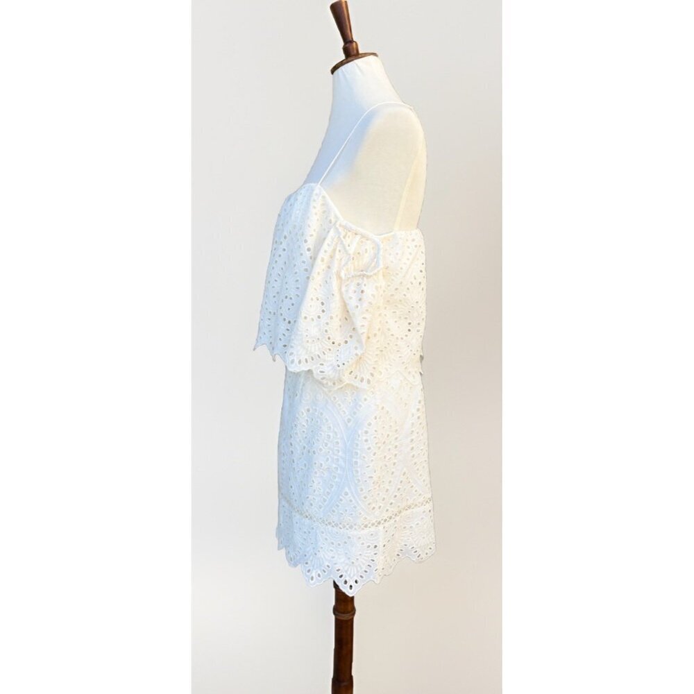 Saylor Women’s Ivory Off Shoulder Eyelet Dress Scalloped Overlay Lined Cocktail - Picture 5 of 13